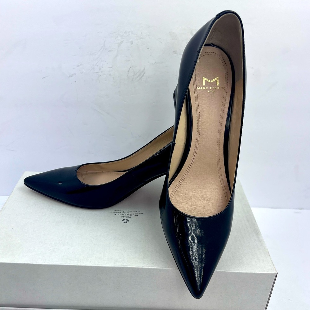 MARC FISHER LTD., ZALA HEELS BLACK PATENT LEATHER POINTY-TOE PUMPS, SIZE 6.5M